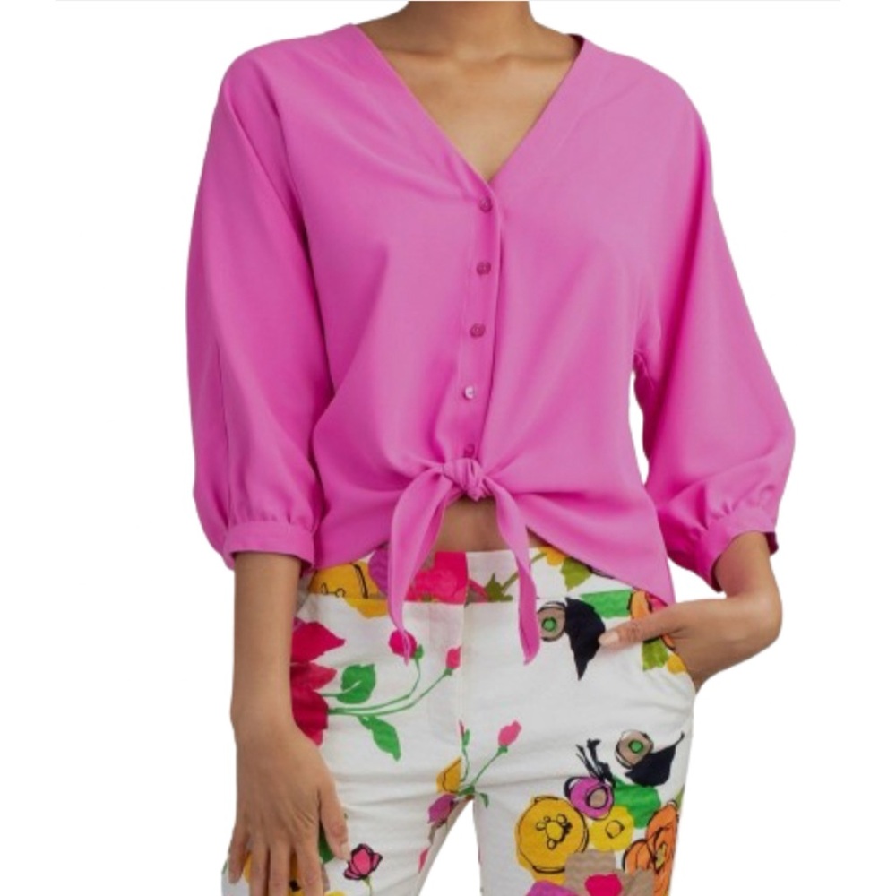 Trina Turk Womens Pink Tie 3/4 Sleeve V Neck Women’s Blouse Size Medium